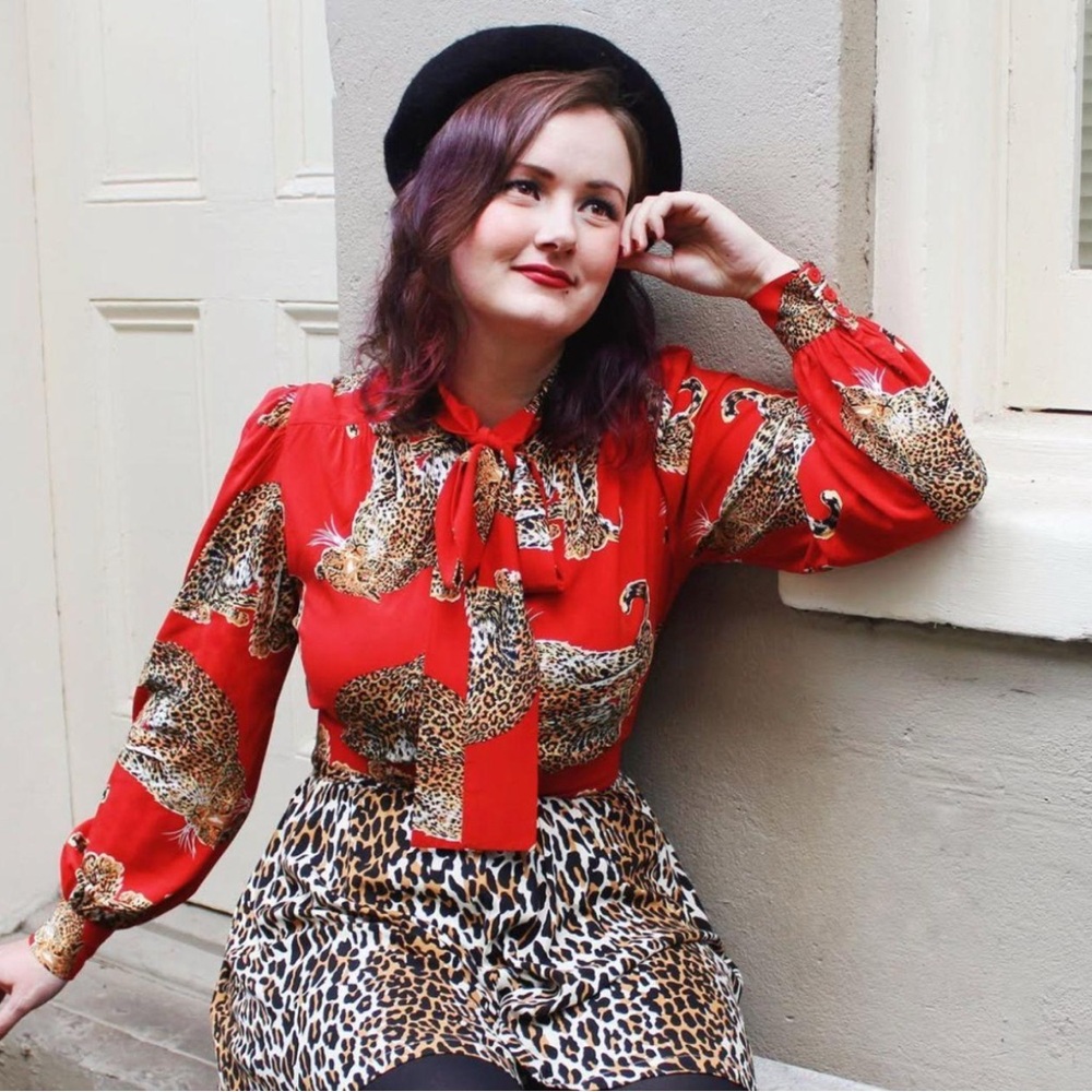 Trashy Diva Original My Pet Leopard Secretary Blouse, Sz 8